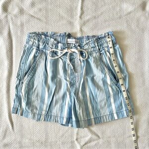 LOFT blue + white cabana stripe “paper bag” high-waisted drawstring shorts
